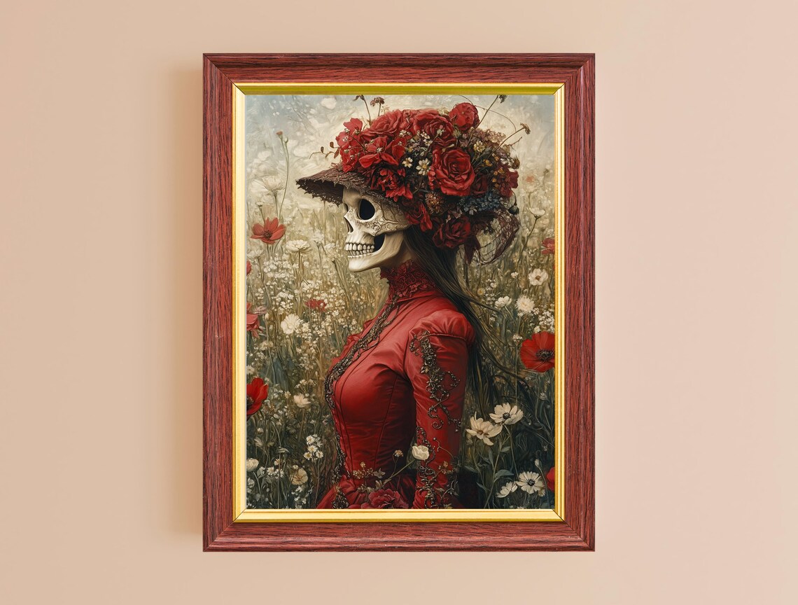 Skeleton Lady Red Rose Crown Vintage Floral Gothic Halloween Art Poster