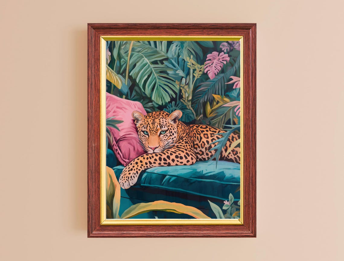 Leopard Teal Sofa Pink Cushion Jungle Leaves Maximalist Cat Art Poster - Image 2