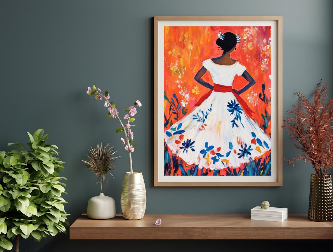 Woman In Floral White Dress Red Sash Fiery Background Modern Wall Poster - Image 5