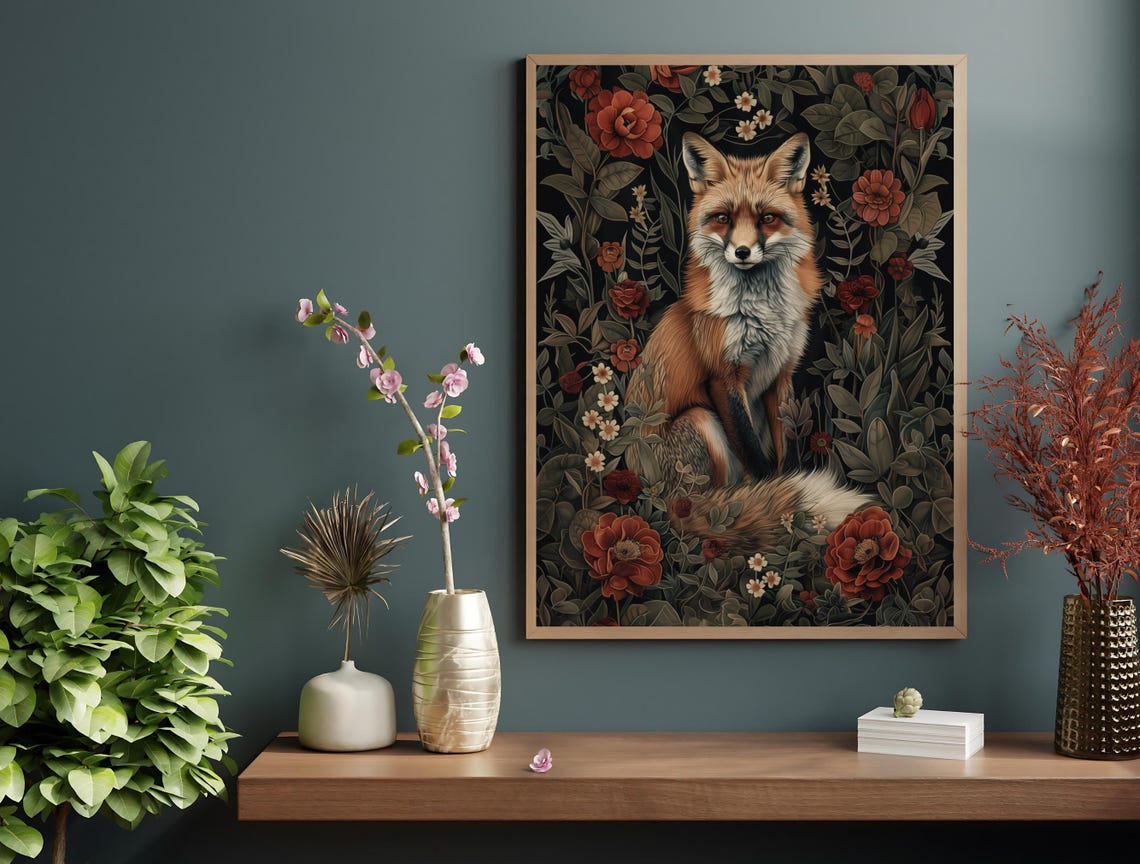 Red Fox Vintage Botanical Flower Garden Dark Morris Style Art Poster - Image 3