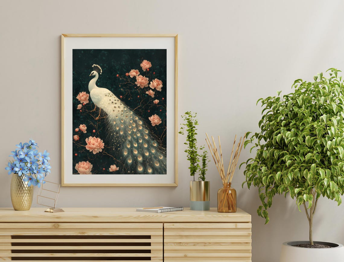 White Peacock Pink Peonies Moody Black Floral Botanical Art Print - Image 3