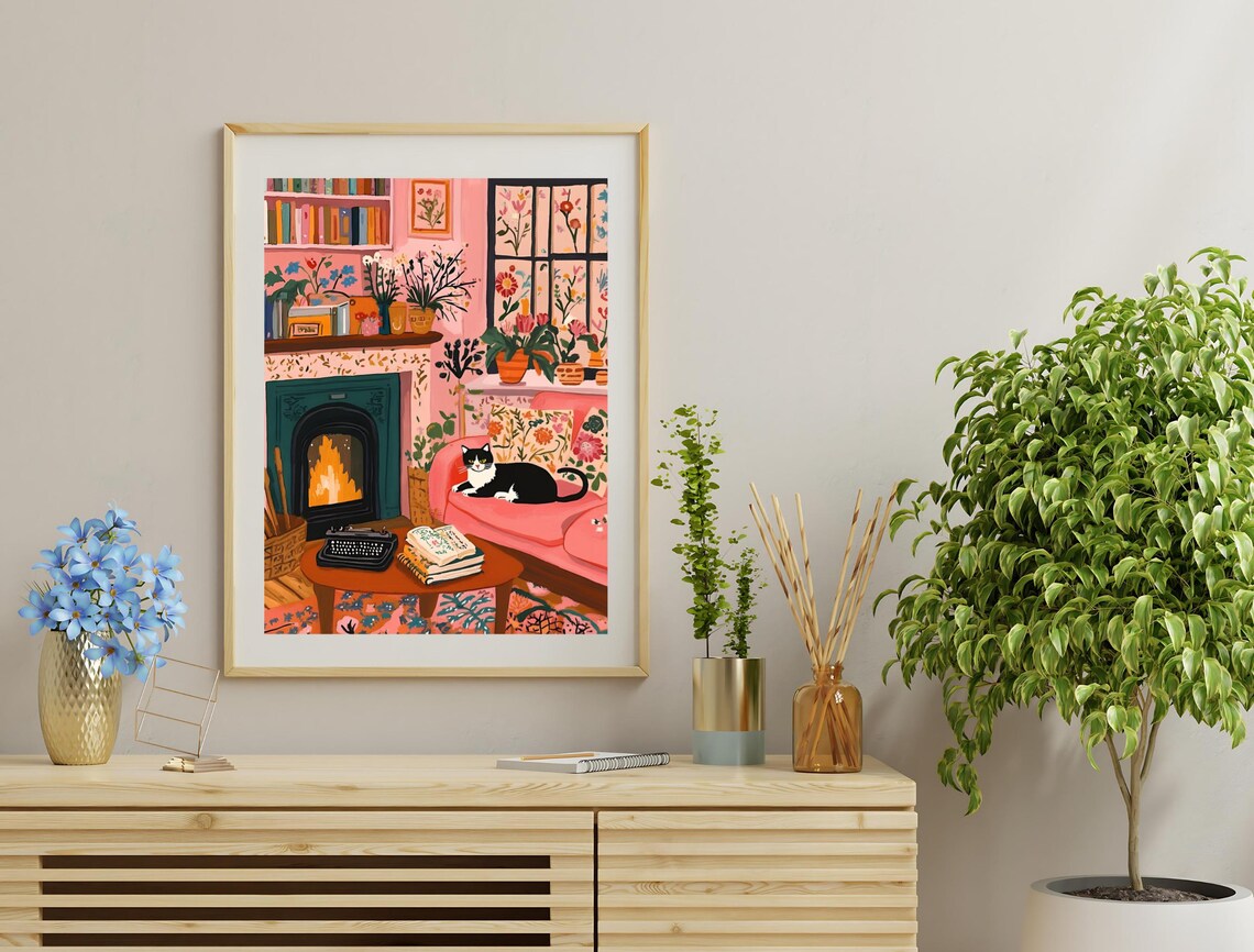 Cozy Pink Living Room Fireplace Bookshelf Cat Folk Art Wall Poster - Image 3