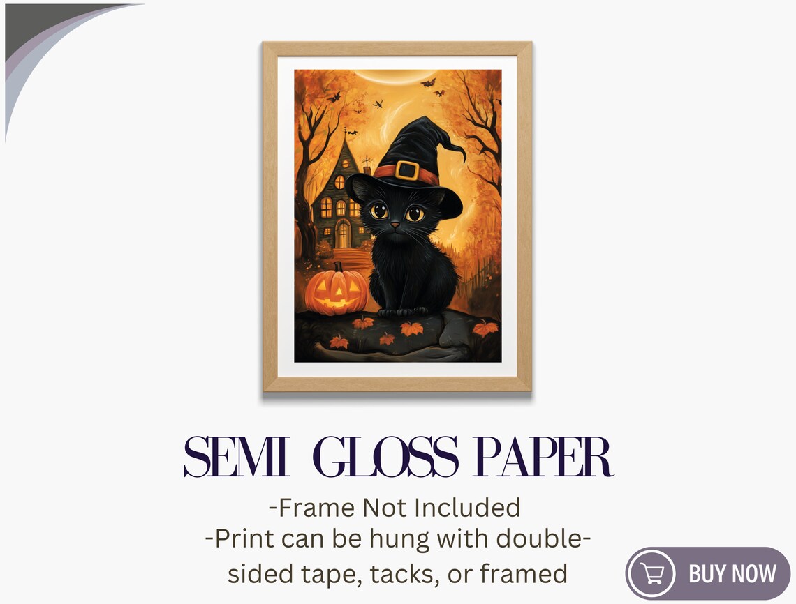 Cute Black Kitten Witch Hat Halloween Night Pumpkin Spooky Fall Art Print - Image 6