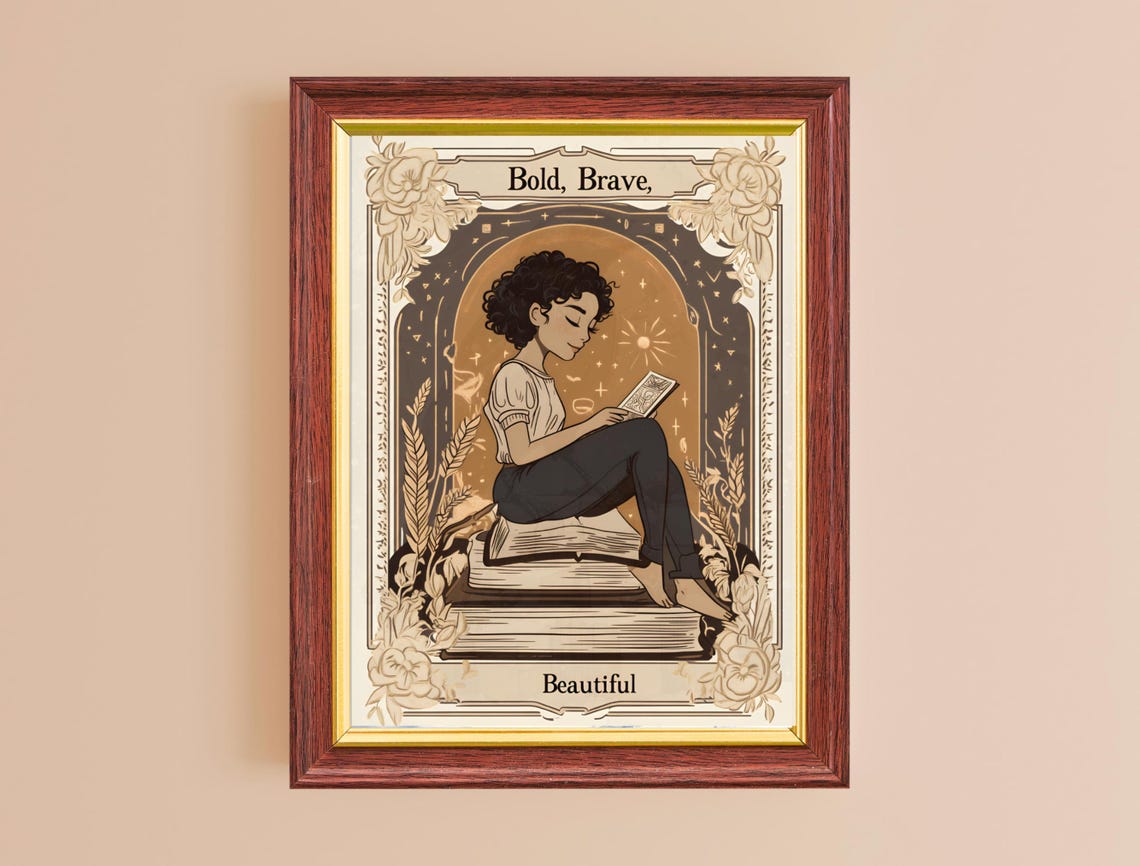 Bold Brave Beautiful Book Girl Cream Vintage Frame Quote Poster - Image 2