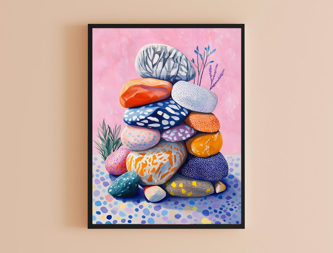 Whimsical Painted Stone Tower Colorful Balanced Rocks Art Print - Image 4