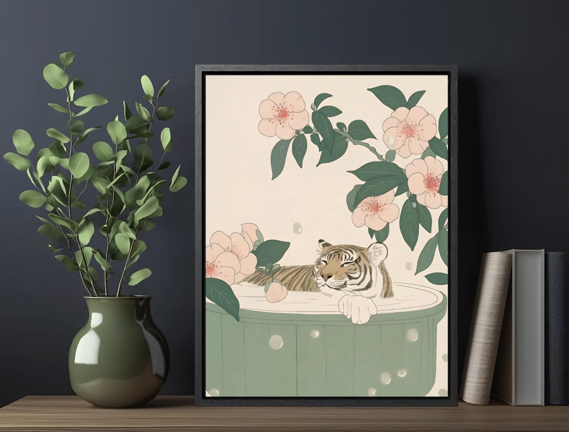 Sleepy Tiger Cub Bathing Cherry Blossoms Minimalist Japanese Wall Art - Image 6