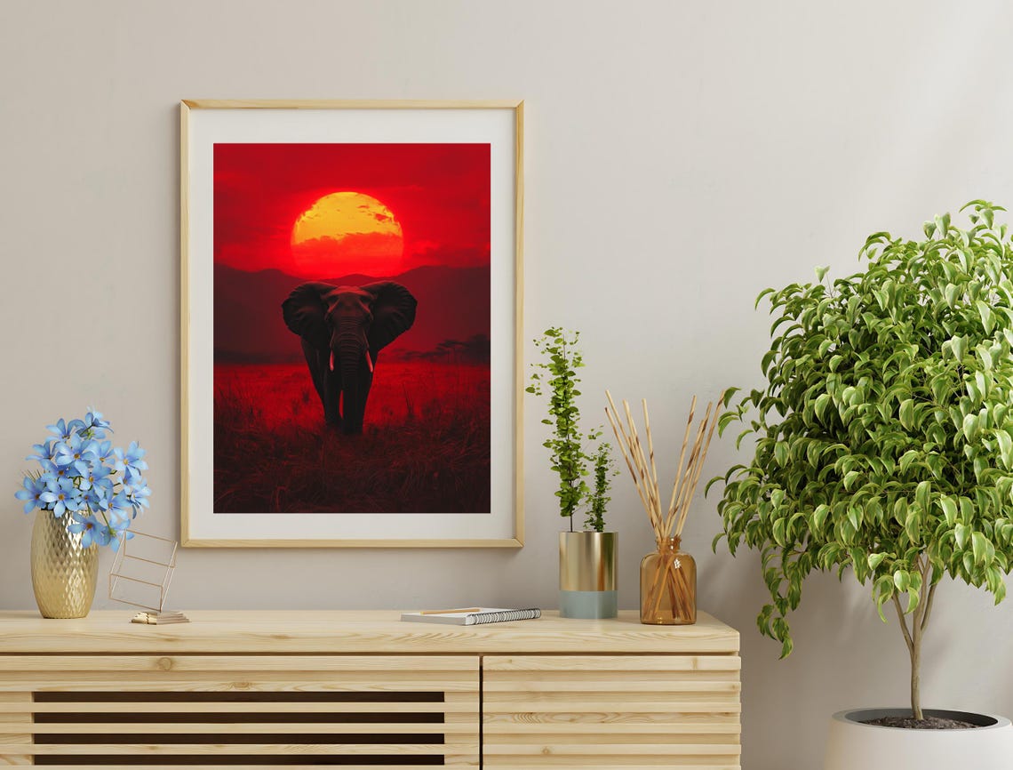 Elephant Red Sunset Savanna Silhouette Dramatic Wildlife Art Poster - Image 3