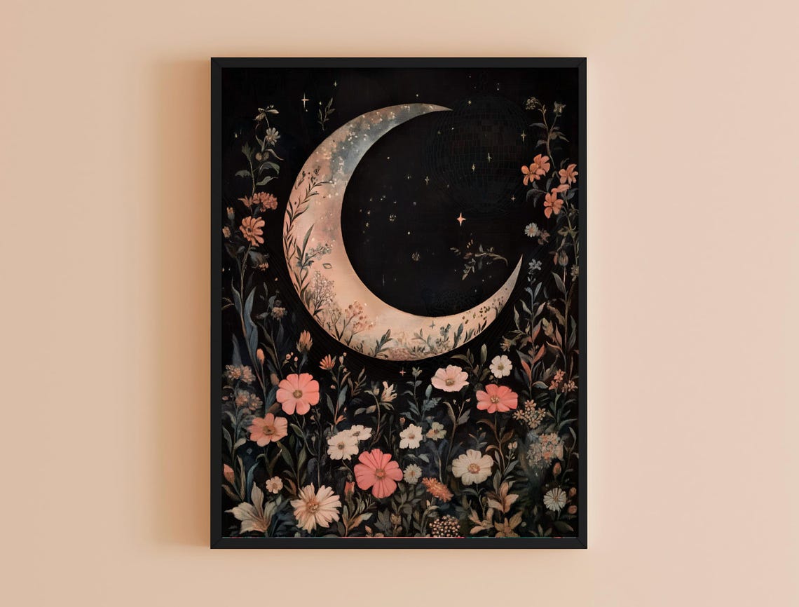 Crescent Moon Wildflower Meadow Dark Celestial Floral Art Print - Image 4