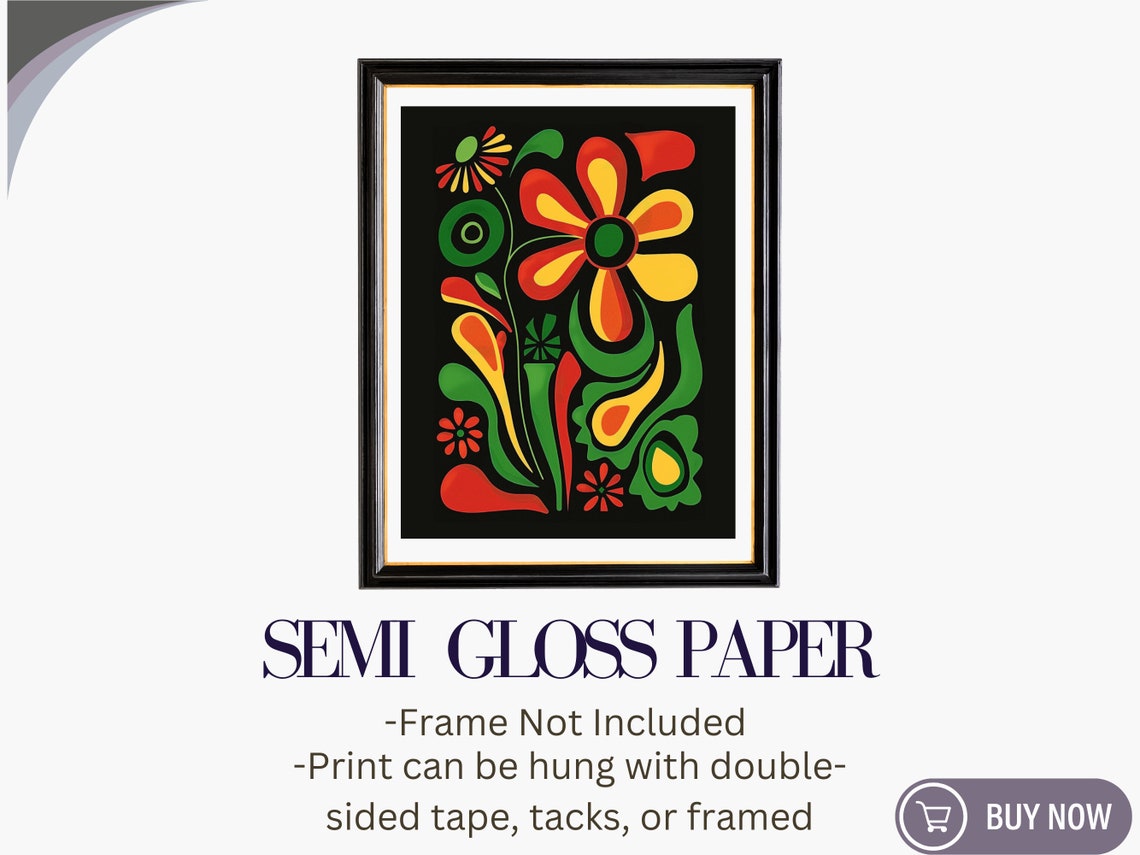 Bold Folk Floral Art Black Background Modern Matisse Style Wall Poster - Image 6