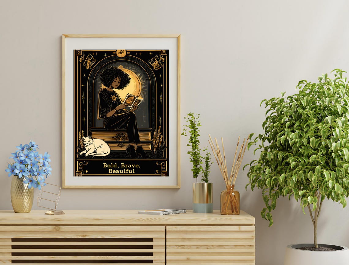 Bold Brave Beauiful Black Gold Reader Girl Cat Quote Art Poster - Image 3