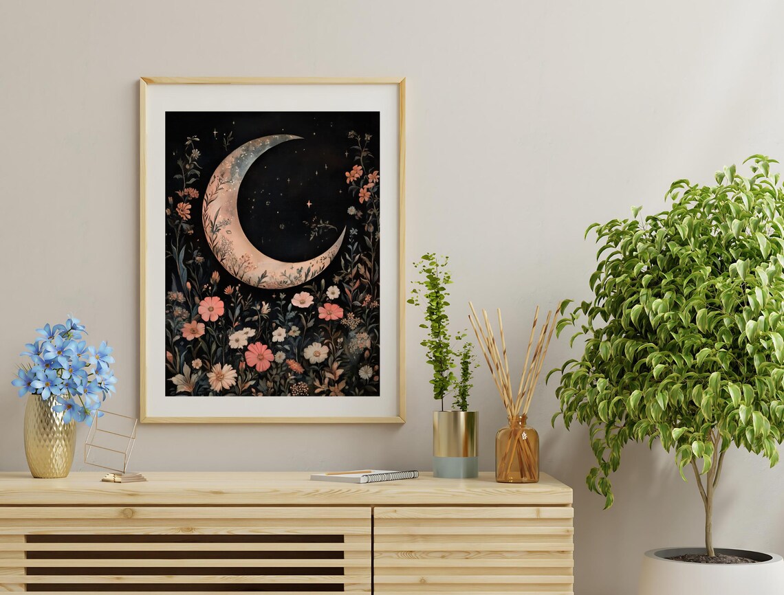Crescent Moon Wildflower Meadow Dark Celestial Floral Art Print - Image 3