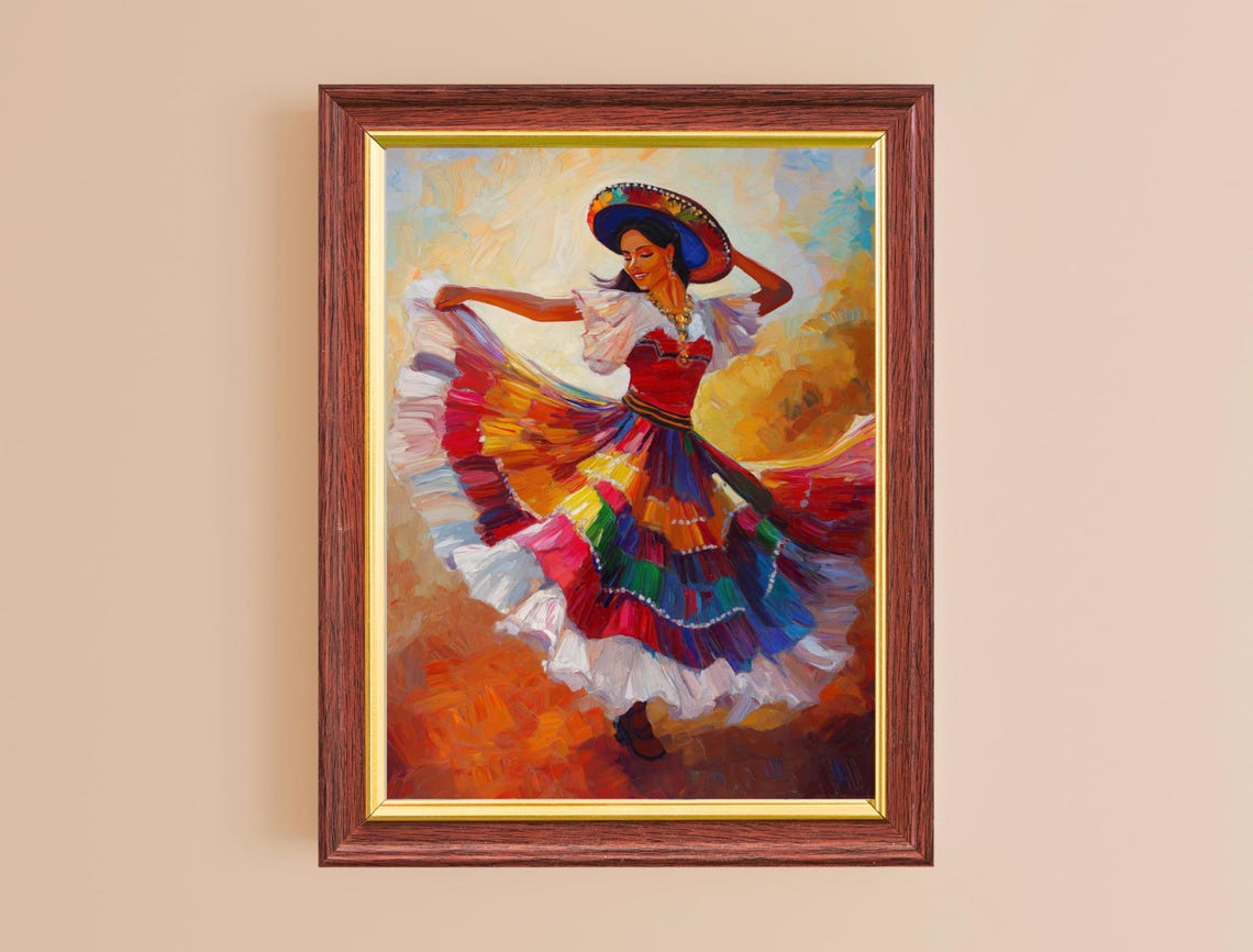Joyful Mexican Dancer Rainbow Skirt Sombrero Expressive Oil Art Poster