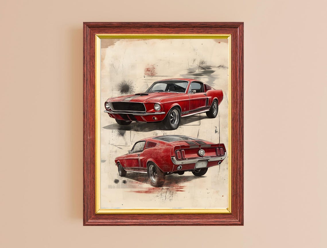 Red Ford Mustang Fastback Front Rear Vintage Sketch Car Wall Poster - Image 2