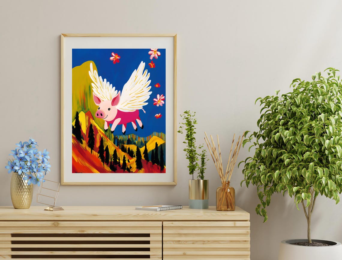 Flying Pig Angel Wings Colorful Mountain Landscape Whimsical Print - Image 3