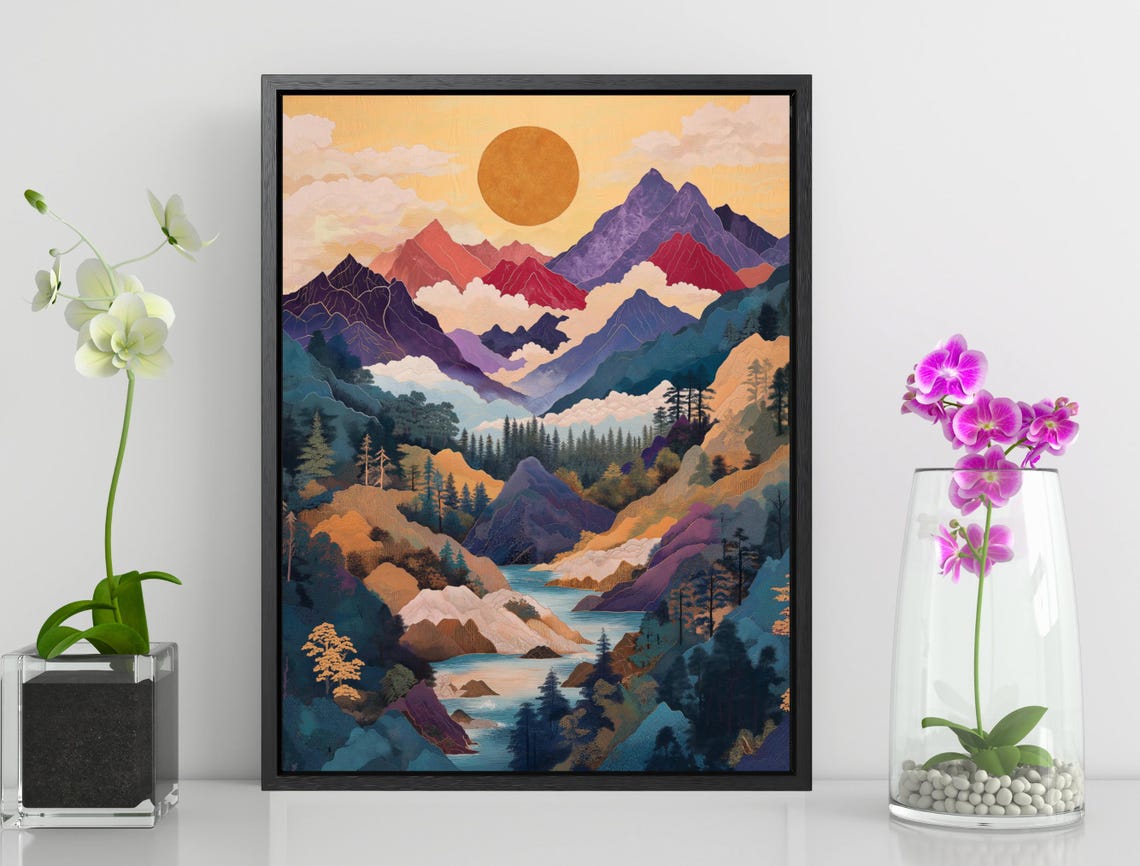 Layered Mountain Peaks Golden Sun Misty River Japan Travel Poster