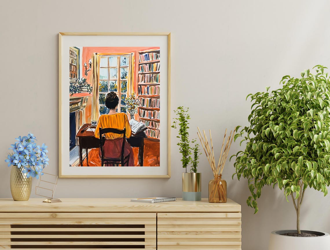 Cozy Library Reading Woman Orange Interior Book Lover Wall Poster - Image 3