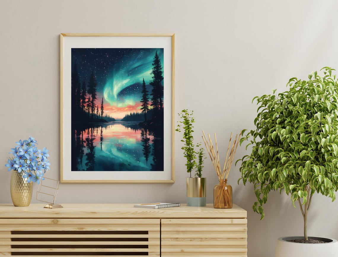 Northern Lights Teal Aurora Sunset Lake Reflection Pine Forest Poster - Image 3