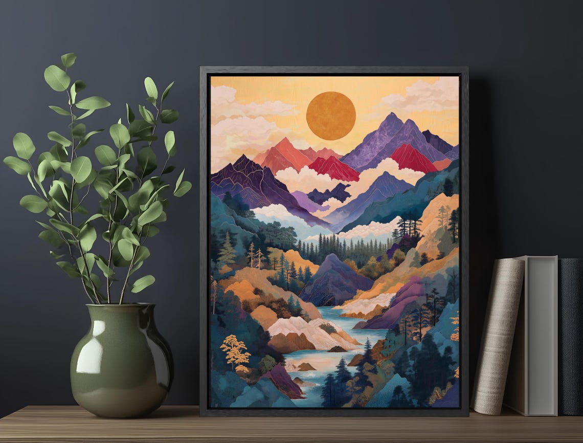 Layered Mountain Peaks Golden Sun Misty River Japan Travel Poster - Image 5