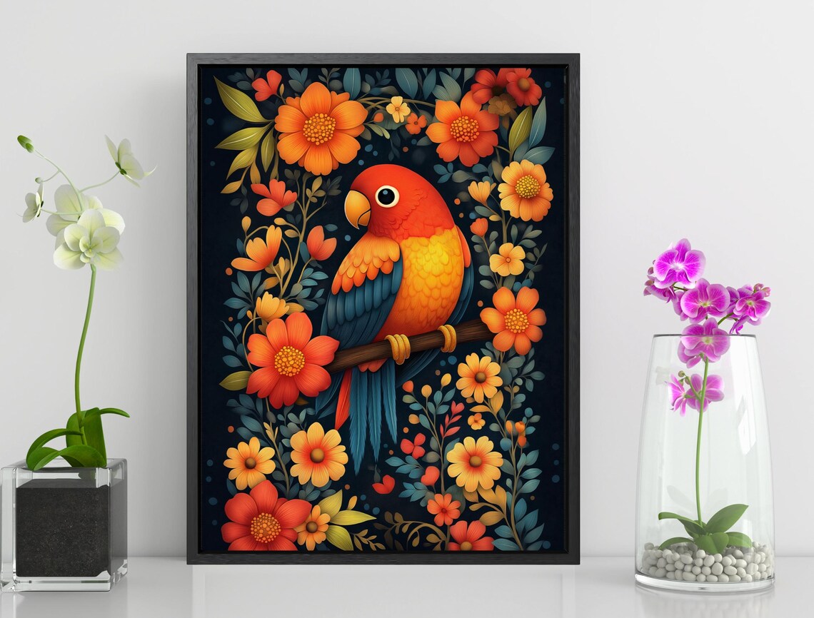 Colorful Parrot On Branch Orange Flowers Dark Tropical Folk Art Poster