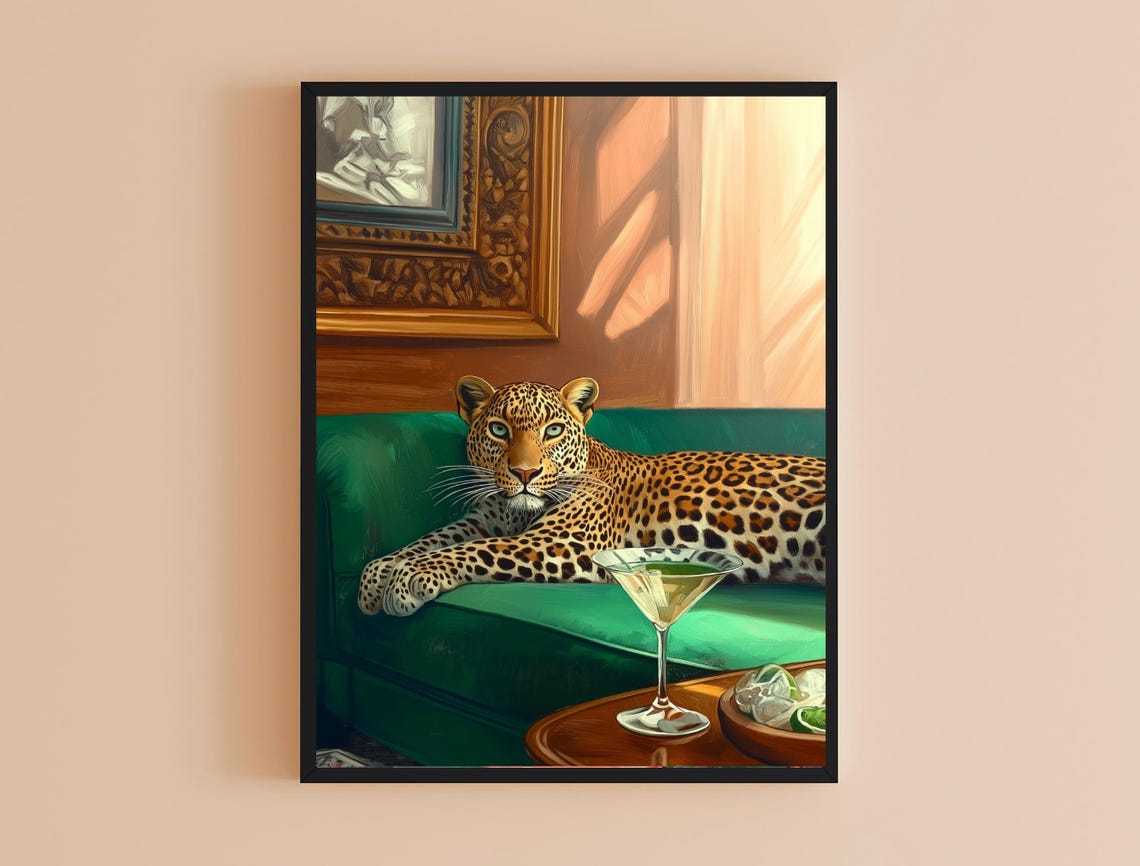 Funny Leopard Relaxing Emerald Sofa With Cocktail Bold Wall Art Poster - Image 4