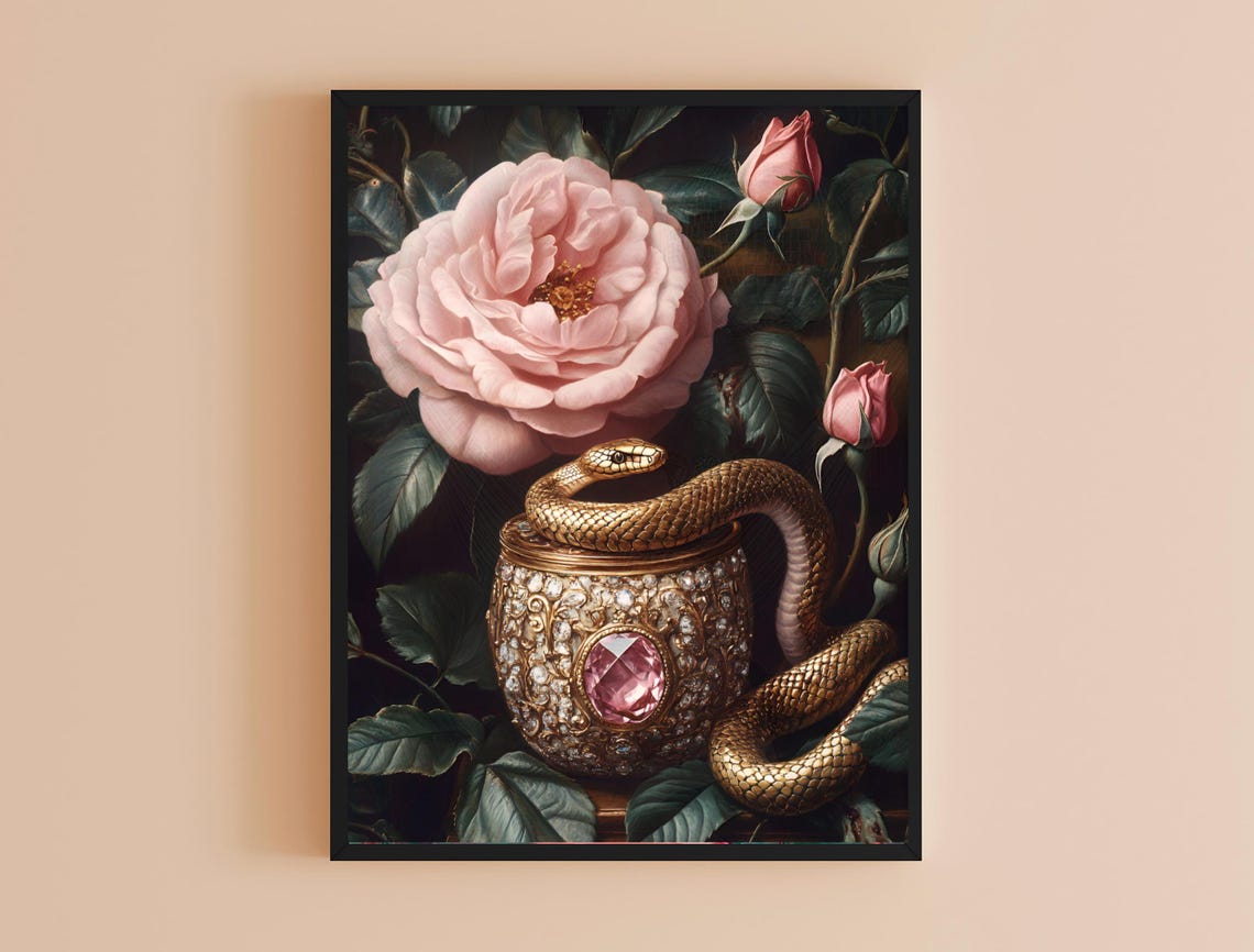 Golden Snake Jeweled Pot Pink Roses Moody Vintage Botanical Art Print - Image 4