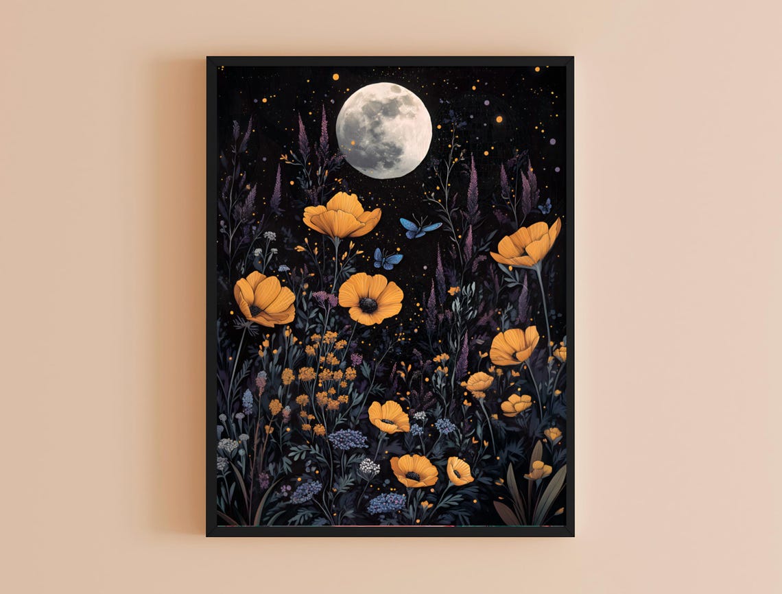Full Moon Golden Poppies Night Meadow Fireflies Moody Wall Art Print - Image 4