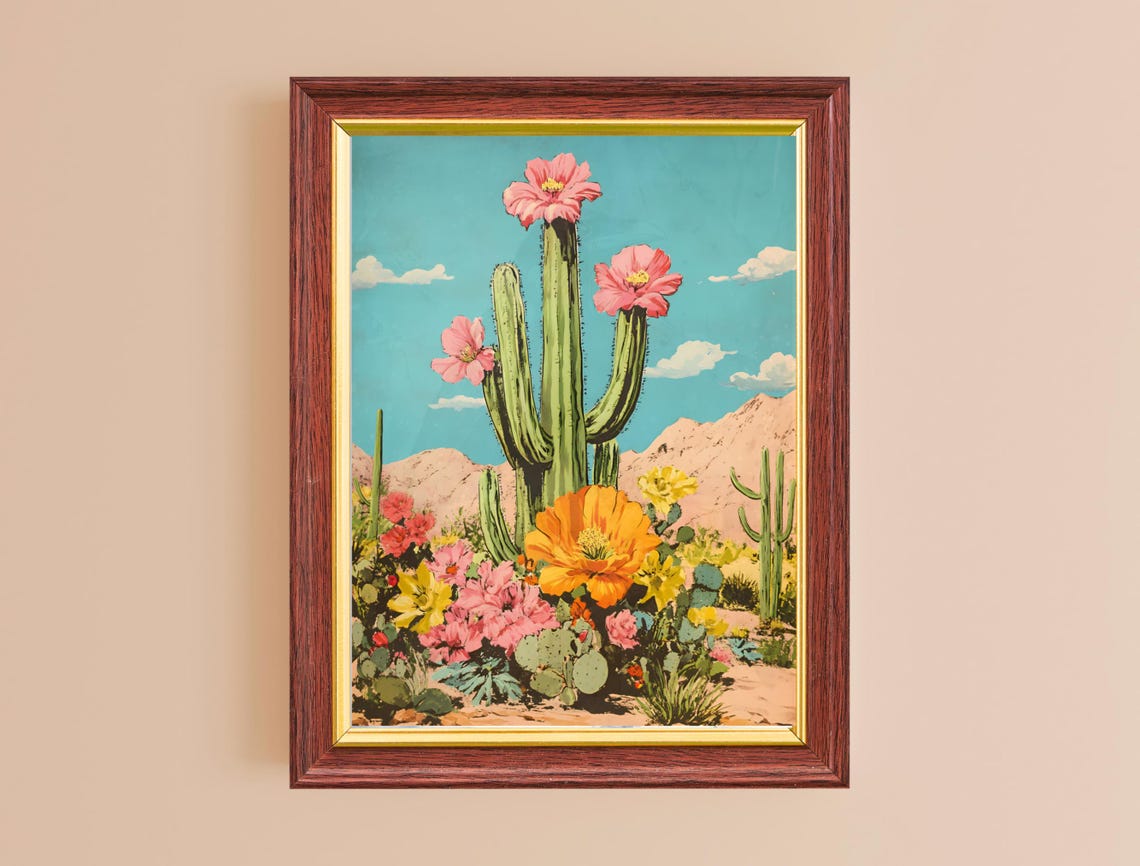 Saguaro Cactus Pink Blooms Desert Wildflower Vintage Botanical Poster - Image 2