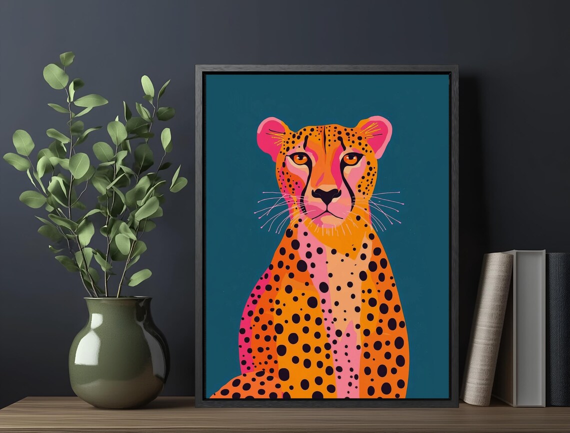 Cheetah Portrait Orange Spotted Big Cat Teal Background Bold Animal Wall Art - Image 6