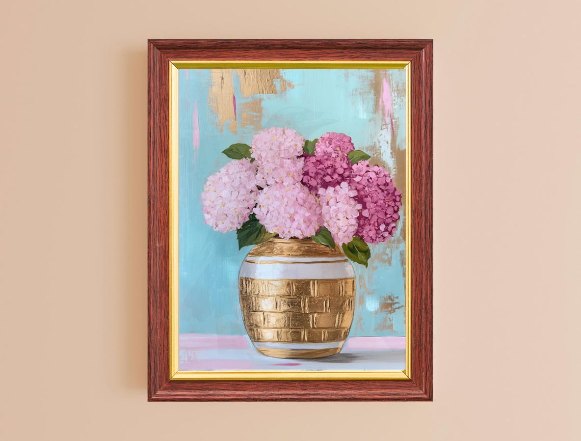 Pink Hydrangeas Gold Vase Blue Abstract Floral Maximalist Wall Art - Image 2