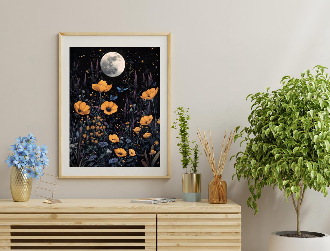 Full Moon Golden Poppies Night Meadow Fireflies Moody Wall Art Print - Image 3