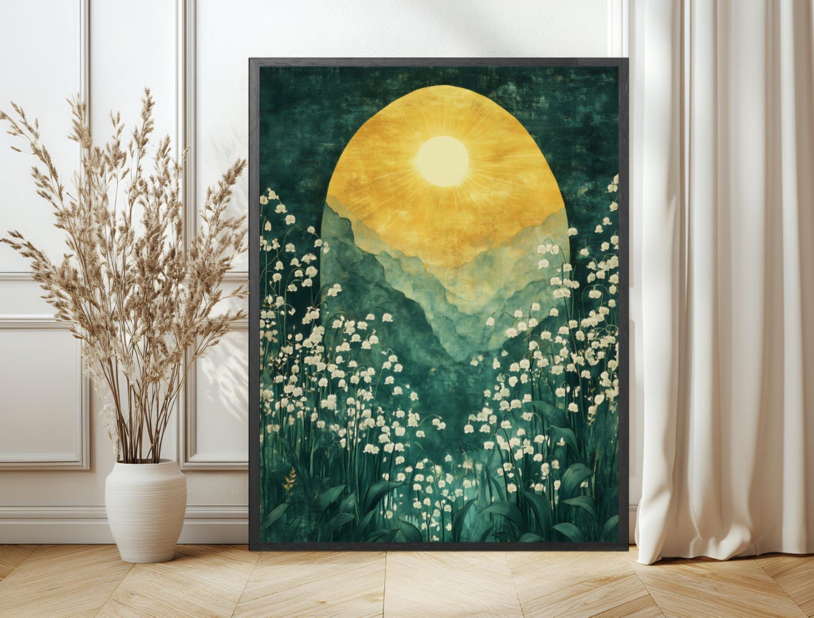 Golden Sunrise Meadow White Blossoms Mountain Mist Art Poster - Image 6