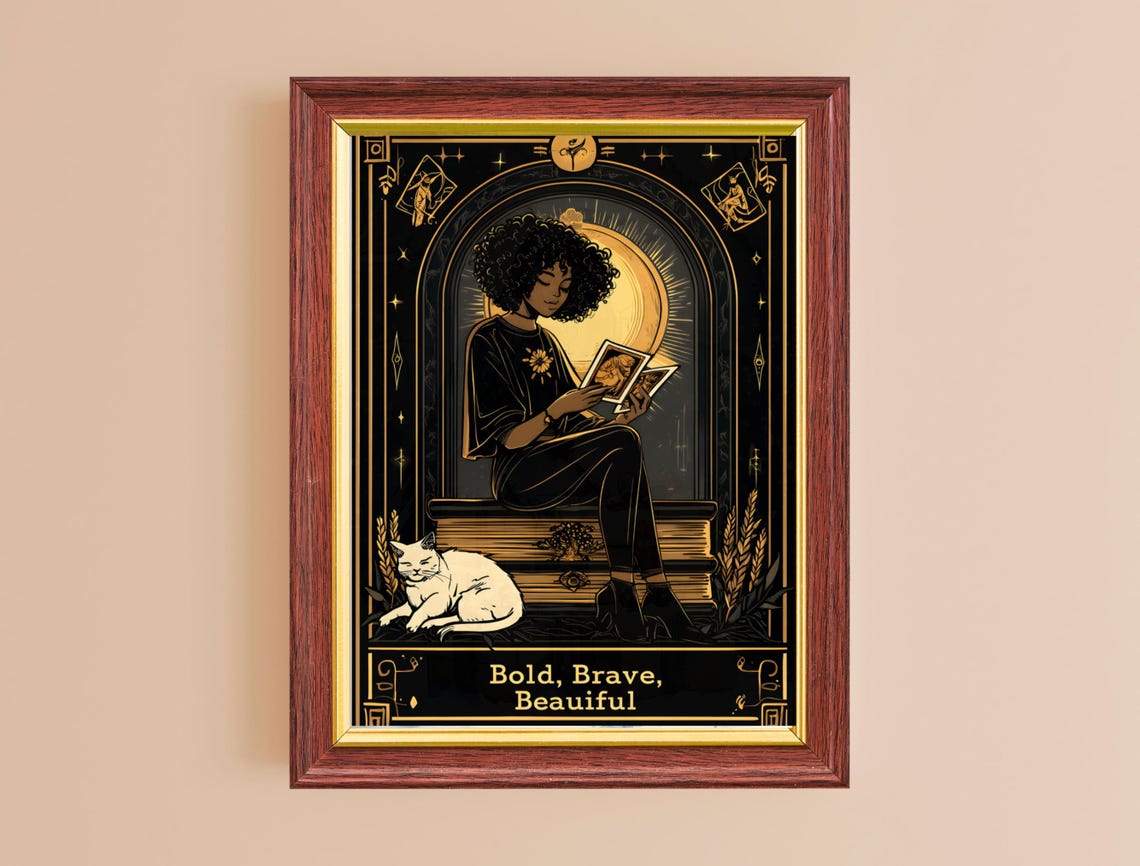 Bold Brave Beauiful Black Gold Reader Girl Cat Quote Art Poster - Image 2