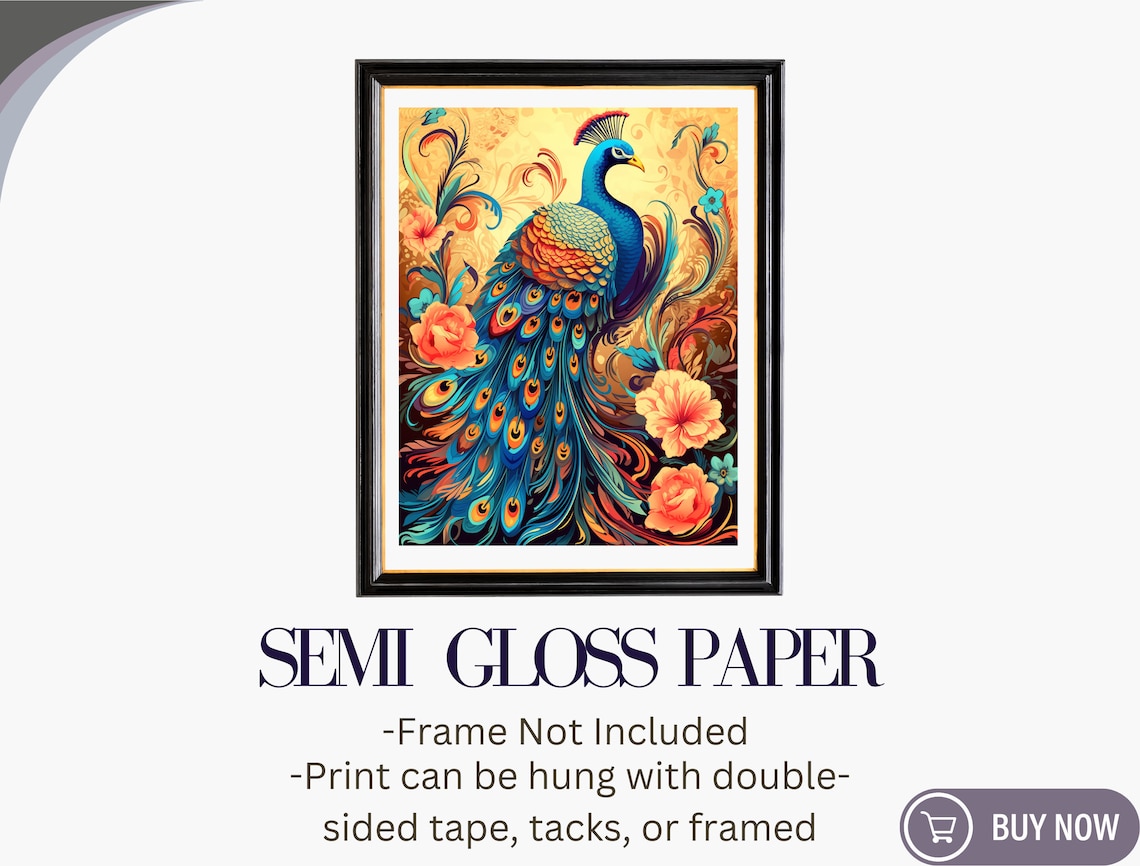 Art Nouveau Peacock Full Tail Teal Orange Floral Gold Poster - Image 6