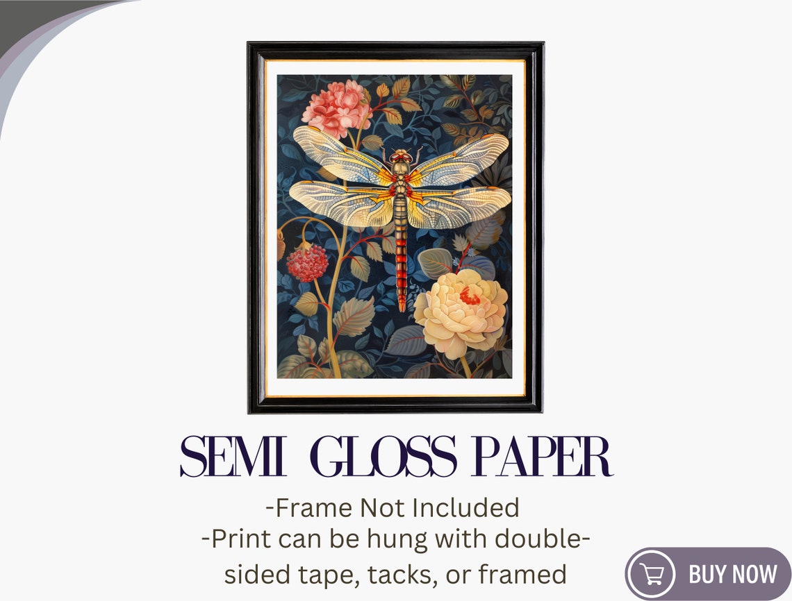 Dragonfly Botanical Art Print William Morris Style Dark Floral Poster - Image 6
