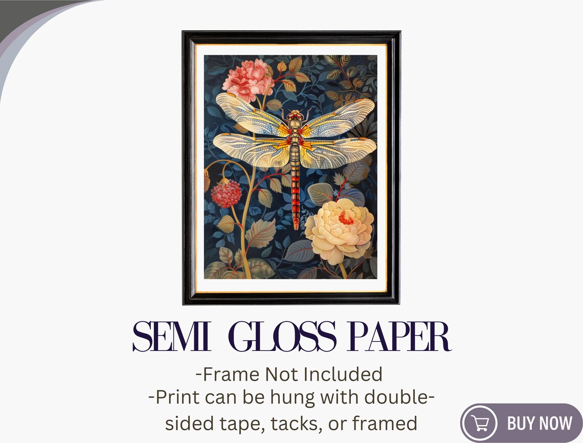 Dragonfly Botanical Illustration Dark Navy Floral Art Nouveau Wall Poster - Image 6