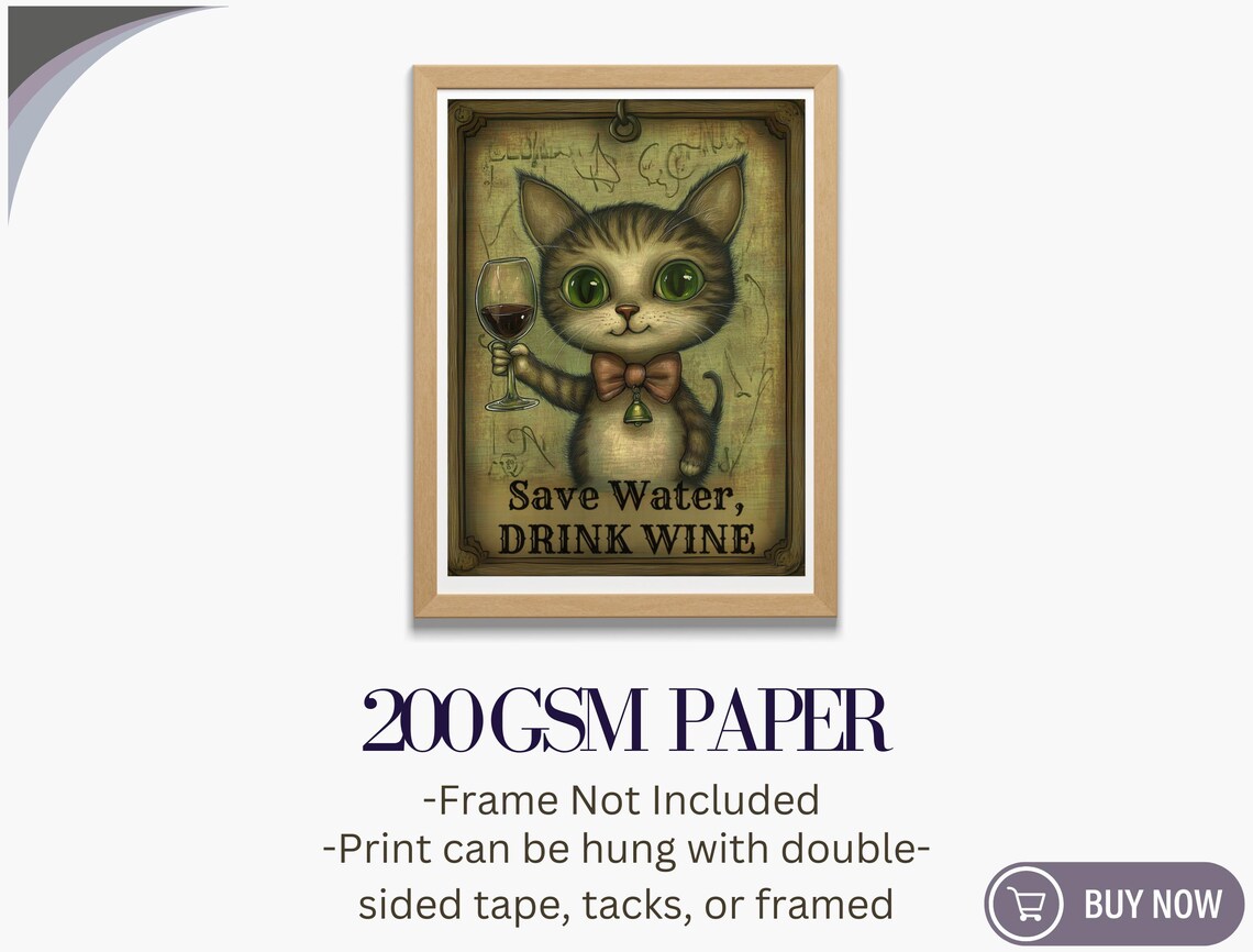 Save Water Drink Wine Tabby Kitten Bow Tie Vintage Funny Cat Art Poster - Image 5