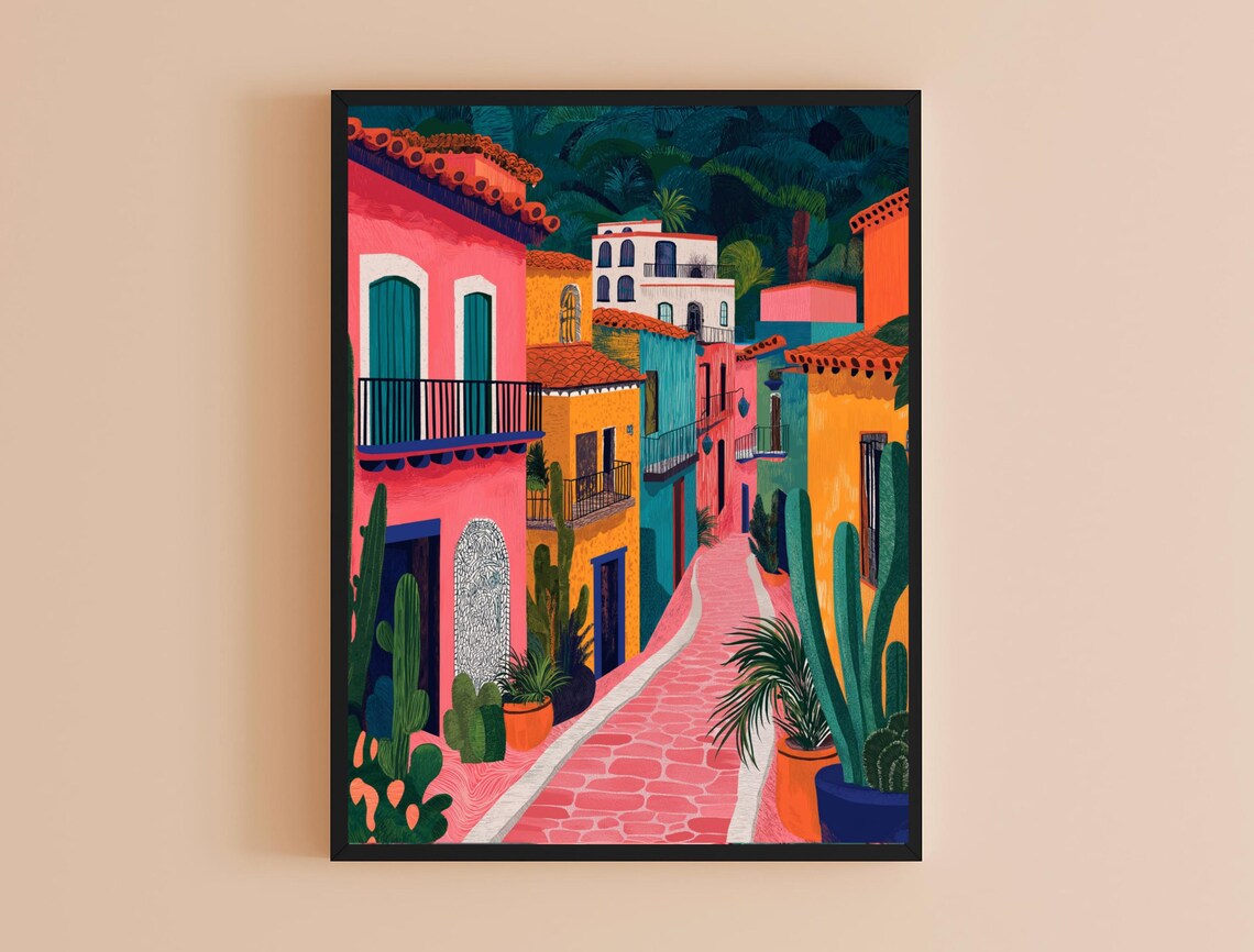 Vibrant Mexican Town Street Candy Colored Houses Cactus Travel Poster - Image 3