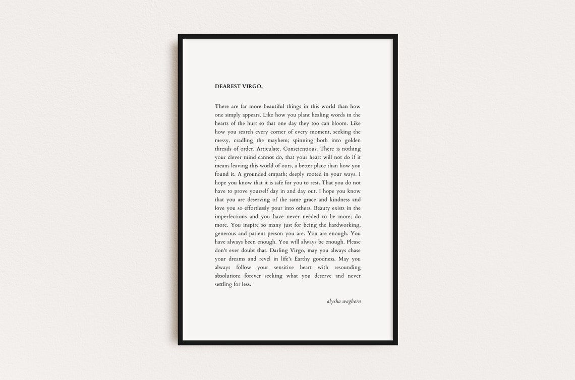 Dearest Virgo Star Sign Letter Minimalist Typography Wall Art