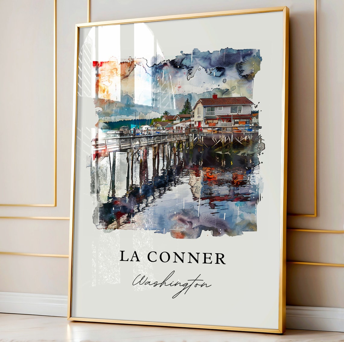 La Conner Washington Waterfront Pier Harbor Watercolor Poster - Image 4