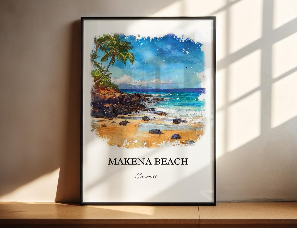 Makena Beach Hawaii Palms Lava Rocks Turquoise Waves Watercolor Poster