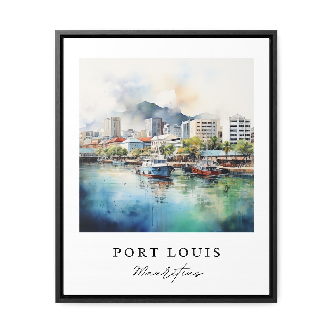 Port Louis Mauritius Watercolor Harbor With Boats And City Poster - Image 2