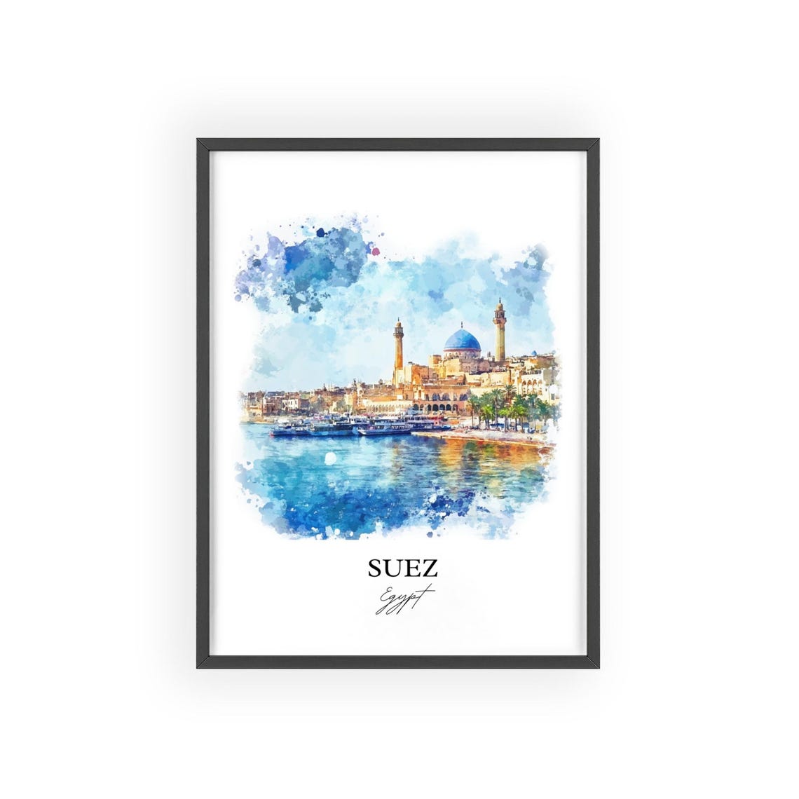 Suez Egypt Harbor Watercolor Mosque Skyline Travel Art Poster - Image 2