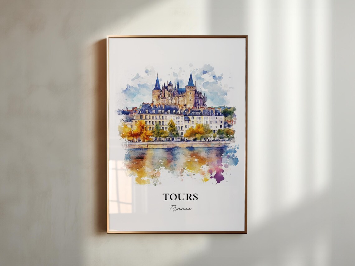 Tours France Riverside Basilica Reflection Watercolor Travel Poster - Image 3