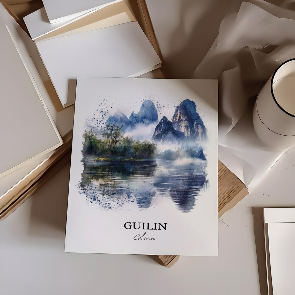 Guilin China Watercolor Karst Mountains Misty River Art Poster - Image 6