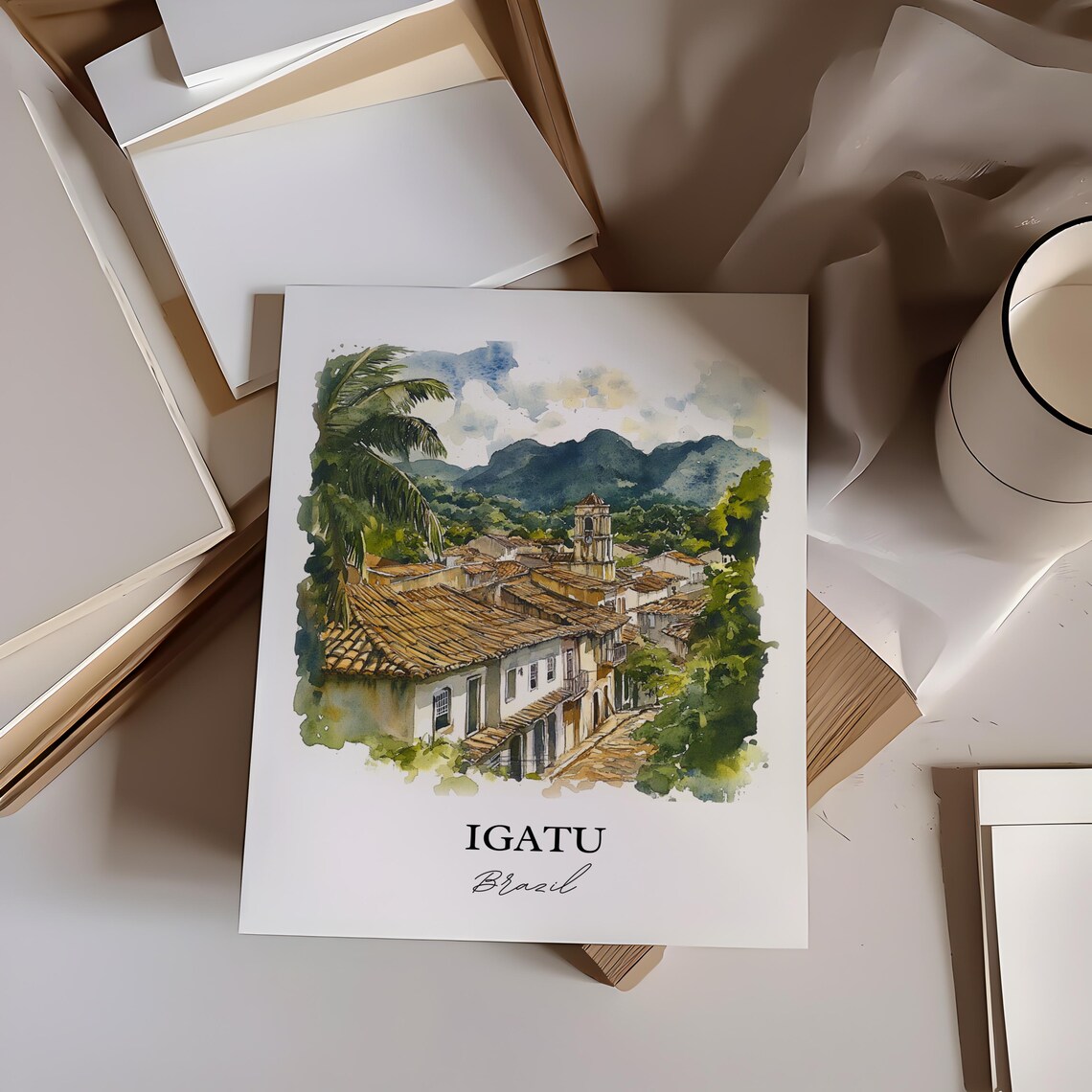 Igatu Brazil Colonial Street Church Tower Mountain Watercolor Poster - Image 2