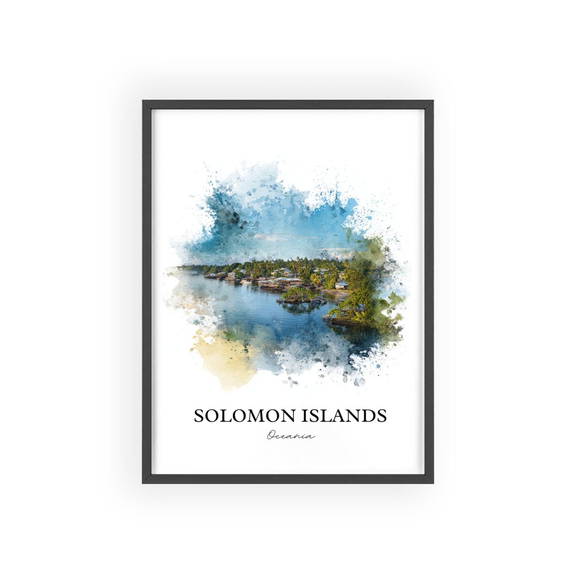 Solomon Islands Oceania Waterfront Village Watercolor Art Poster - Image 2