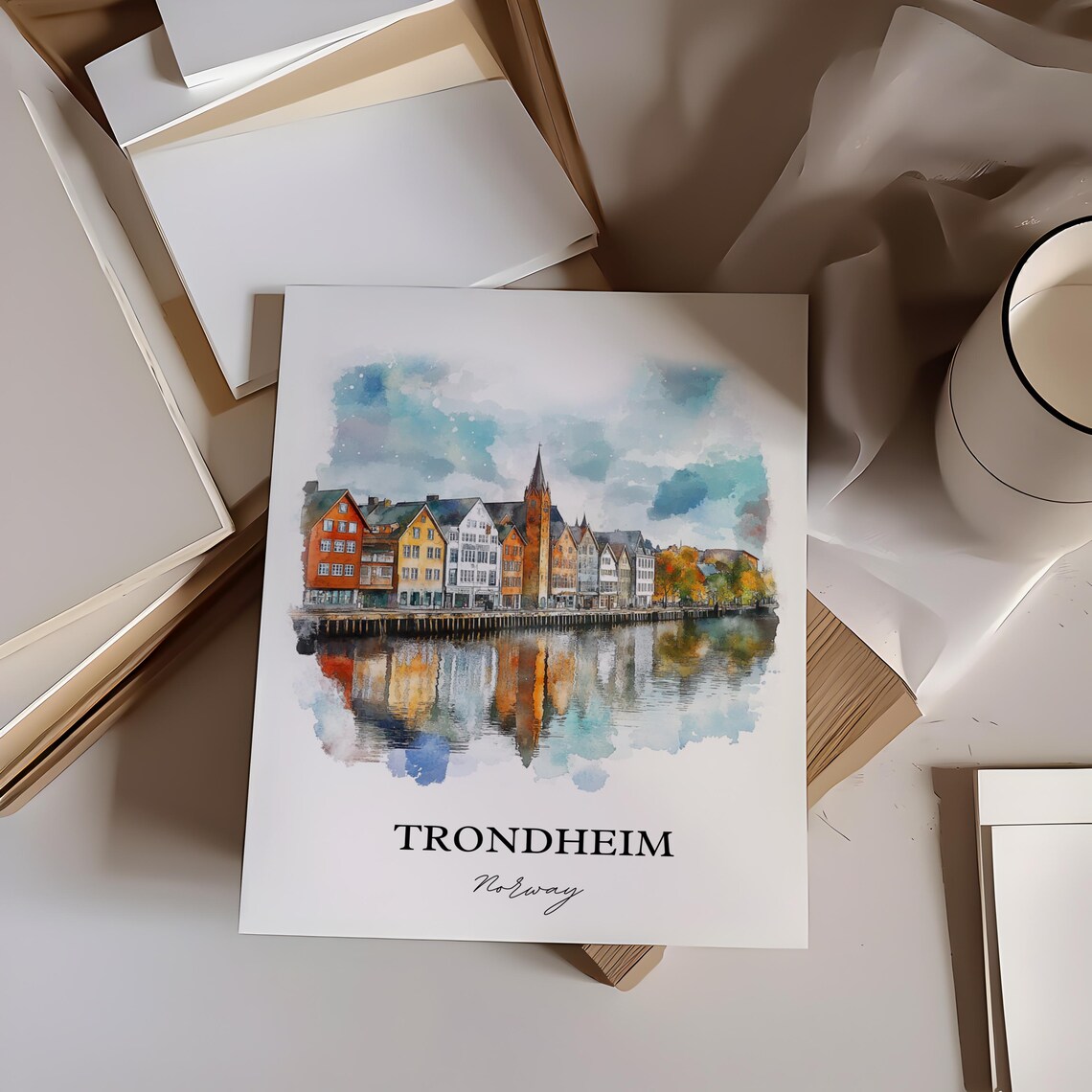 Trondheim Norway Watercolor Colorful Wharf Buildings River View Poster - Image 5