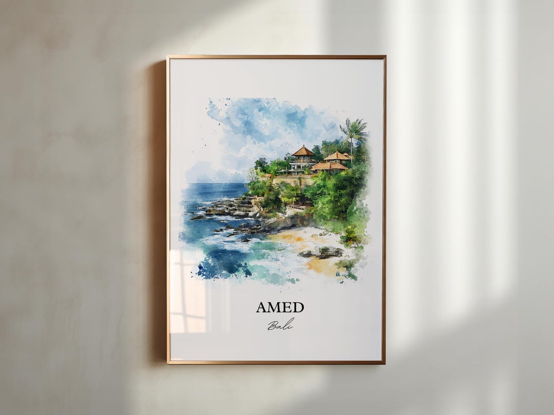 Amed Bali Watercolor Rocky Cove Cliffside Hills Ocean Poster - Image 5