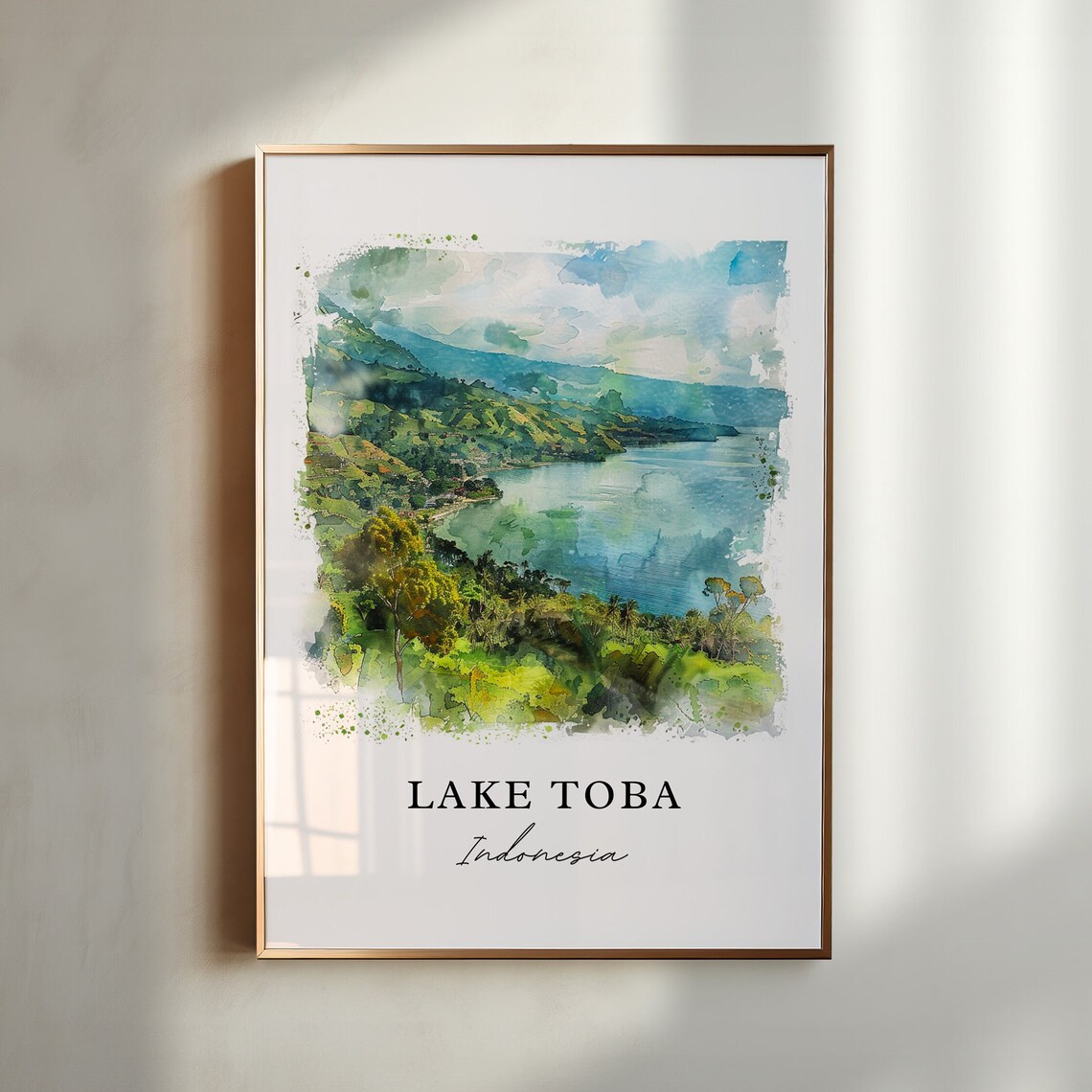 Lake Toba Indonesia Volcanic Crater Lake Watercolor Travel Poster
