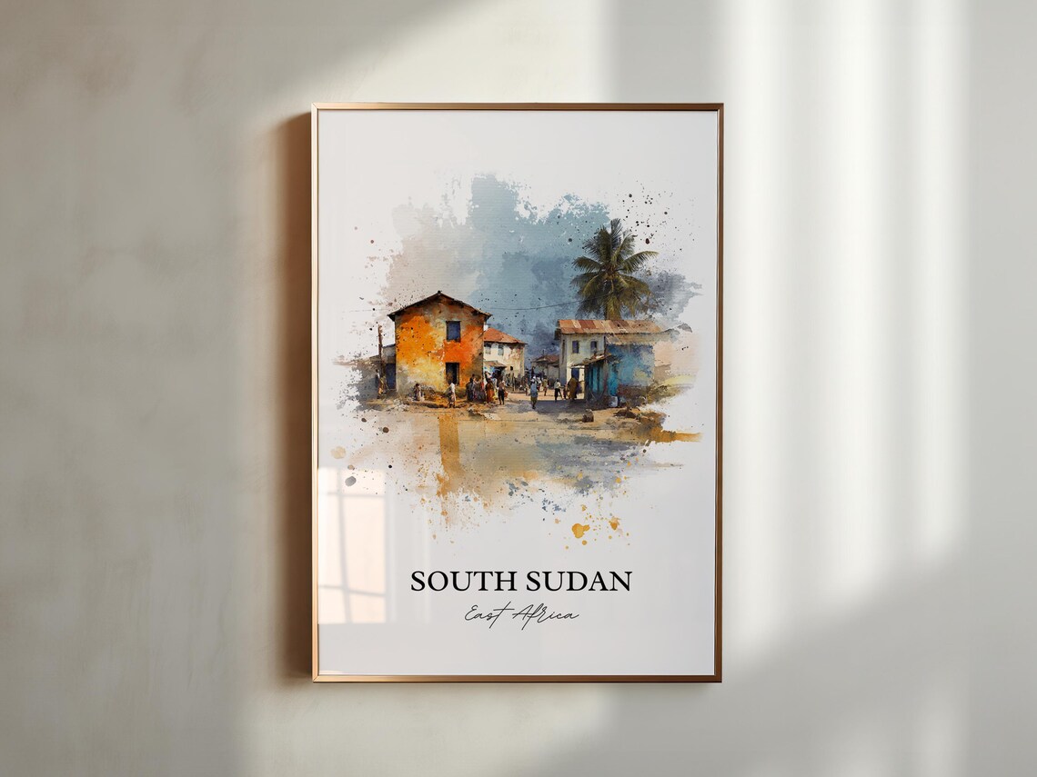 South Sudan East Africa Village Street Watercolor Travel Poster - Image 5